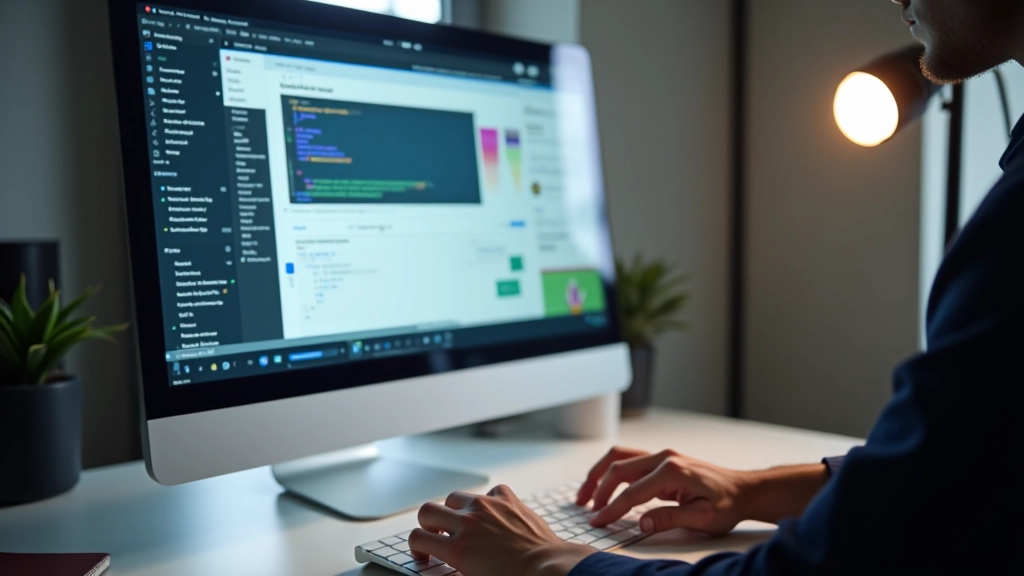 Tela de computador mostrando painel de design do Webflow com componentes visuais e código lado a lado