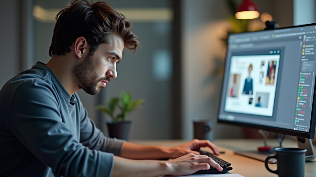 Designer ajustando cores e estilos em um construtor visual, mostrando limitações de customização com opções restritas