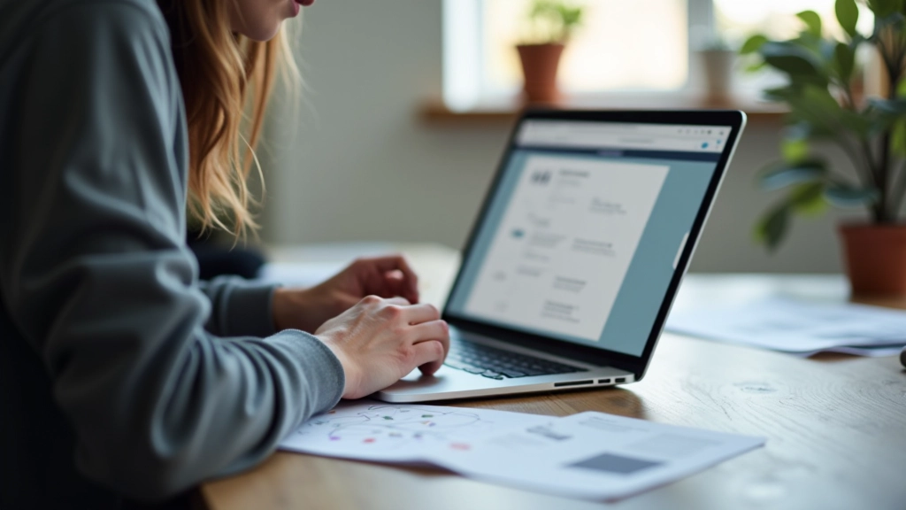 Designer trabalhando em wireframes e mockups de design em laptop