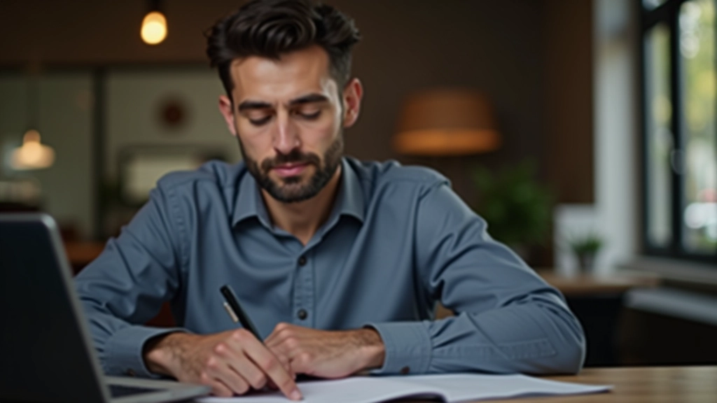 Profissional sentado na mesa do escritório, pensando e analisando documentação de projeto web