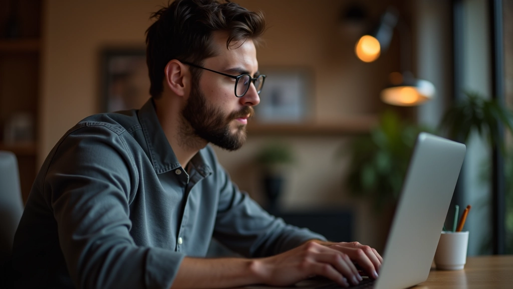 Desenvolvedor trabalhando em laptop com código visível, ambiente de trabalho profissional