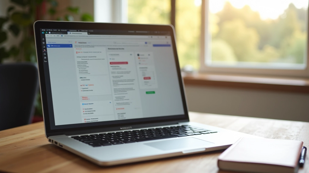 Laptop aberto mostrando interface de construtor de websites com ferramentas drag-and-drop visíveis na tela