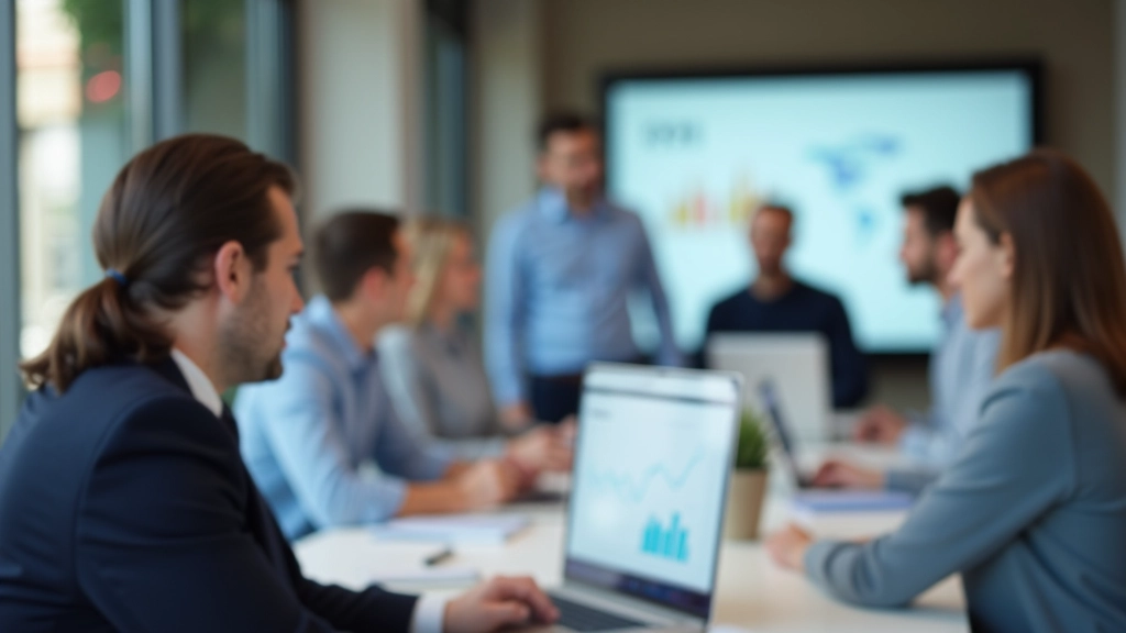 Pessoa apresentando projeto de website em reunião de negócios com gráficos e métricas na tela