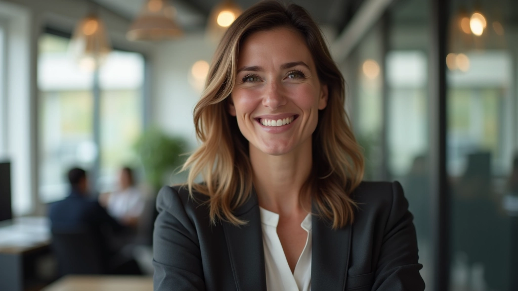 Empresária em escritório moderno consultando laptop com gráficos de análise financeira